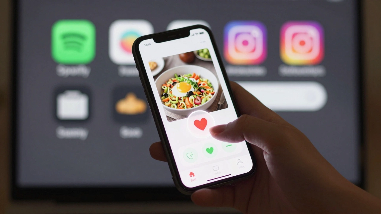 A hand saving a recipe on a smartphone with a heart icon glowing softly.