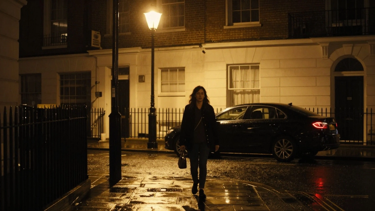 A woman walking confidently under a London streetlamp at night, a discreet car waiting nearby.